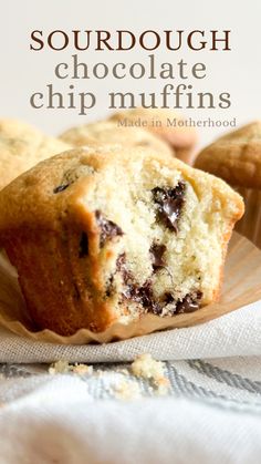 A sourdough chocolate chip muffin with a bite taken out of it. Discard Chocolate Chip Muffins, Sourdough Muffins, Recipe Using Sourdough Starter, Chocolate Chip Muffin Recipe, Sourdough Starter Discard Recipe, Homemade Sourdough Bread, Sourdough Starter Recipe, Sourdough Discard, Sourdough Baking