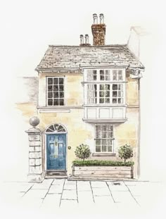 a drawing of a house with a blue door