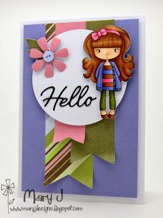 a card with a girl holding a flower and the word hello on it's side