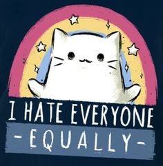 i hate everyone equally t - shirt with white cat and stars on the chest