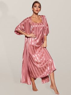 Hey guys, if you're looking for an ideal Valentine's Day gift, this women's camisole strap pajama long nightgown and robe might be the answer. It also makes a great gift idea for your special lady for occasions such as Christmas or her birthday. The elegant design and luxurious feel will make your woman look and feel like a princess.Additional Product Specifications: Sizing: True to size Material Composition: 97% Polyester, 3% Elastane/Spandex Camisole Gown Sleeve Type: Sleeveless Collar: V-neck Bride Robes, Silk Robe Long, Suspenders For Women, Dressing Gowns, Sleeveless Outfit, Weave Style, Flounce Sleeve, Striped Fabrics, Cami Dress