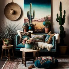 a living room filled with lots of furniture and cactus plants on the wall next to it