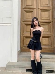 Asian Mini Dress Outfit, Kpop Boots Outfit, Black Dress Concert Outfit, Party Outfit With Boots, Ulzzang Girl Outfit, Outfit Inspo Asian, Asian Girl Outfits, Black Outfit Korean, Kpop Concert Outfits