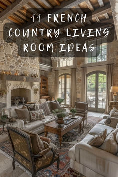 a living room filled with lots of furniture next to a stone fireplace and french doors