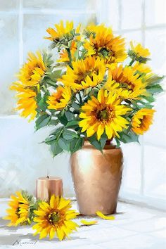 a painting of sunflowers in a vase next to a candle