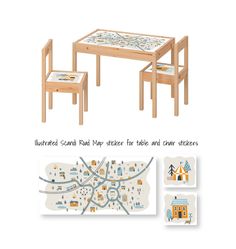 the children's wooden table and chair set is shown in three different positions, including one with a city map on it