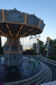 a merry go round with lights on it's sides and flowers in the foreground