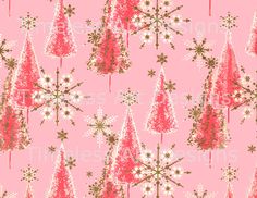 christmas trees and snowflakes on pink background