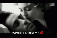 two people are kissing each other with the words sweet dreams in front of their faces