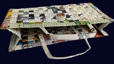 a bag made out of newspapers and magazines is shown in this image, it looks like an old newspaper