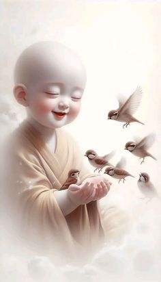 a little boy that is standing in the air with birds flying around him and laughing