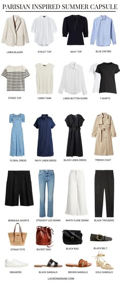 24 pieces of clothing for a Parisian inspired summer capsule. Classic Chic Spring Outfits, Parisian Look Summer, Summer Outfit Parisian, Parisian Inspired Summer Capsule, French Wardrobe Summer, Parisian Style Summer 2023, London Summer Capsule Wardrobe, Classy Parisian Style Summer, French Summer Wardrobe