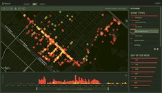 a screen shot of a city map with red and yellow dots on it's black background