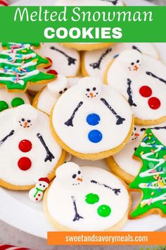 a plate with several melted snowman cookies