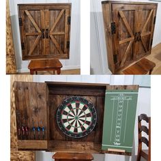 three different shots of an old wooden cabinet with darts on the front and back doors