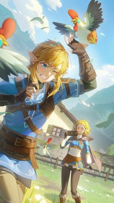 the legend of zelda is standing in front of a bird