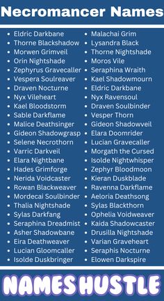 a poster with names on it that says necromancer names in purple and blue