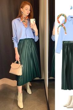 Pleated Leather Skirt Outfit, Green Skirt Outfits, Satin Skirt Outfit, Green Pleated Skirt, Classy Skirts, Leather Skirt Outfit, Modern Womens Fashion, Pleated Skirt Dress, Modest Fashion Hijab