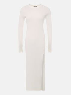 Long Ribbed Bodycon Sweater Dress, White Long Sleeve Ribbed Bodycon Dress, Elegant Long Bodycon Sweater Dress, Ribbed Fitted Midi Dress, Ribbed Midi Dress For Fall, Fitted Ribbed Midi Dress, Spring Bodycon Dress With Side Slits, Fitted Long Sleeve Bodycon Dress With Side Slits, Long Bodycon Sweater Dress