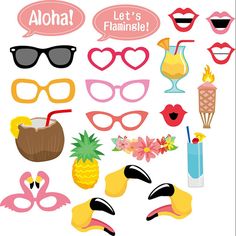 a bunch of different items that are on top of each other, including sunglasses and pineapples