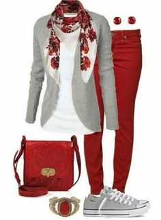 Mode Over 50, Tennis Shoes Outfit, Mode Casual, Red Pants, Converse Sneakers, Outfits Casual, Grey Shirt, Fashion Mode, Work Attire