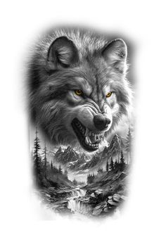 a wolf with yellow eyes is shown in this tattoo art work on the back of a shirt