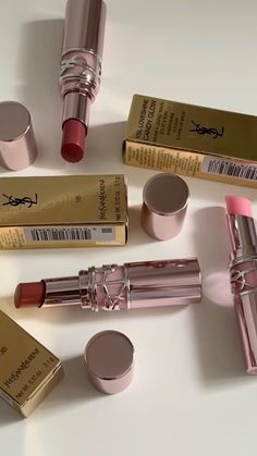 YSL Lipsticks | Luxury makeup | Beauty aesthetic | pink aesthetic | ysl lippies | YSL | sephora | makeup haul | beauty | makeup lover | makeup aesthetic | makeup inspo | flatlay | makeup influencer | pink lipstick   #pinterestideas #makeupideas #pink #pinkmakeup #thatgirl #aesthetics   IG @essentialsforu_ Ysl Lipstick Aesthetic, Ysl Aesthetic, Makeup Influencer, Girly Essentials, Lover Makeup, Flatlay Makeup, Luxury Lipstick