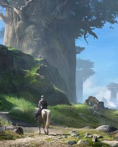 a man riding on the back of a horse next to a giant tree