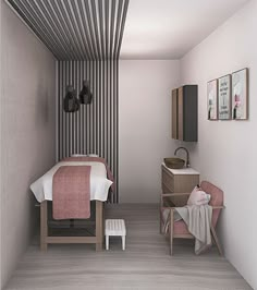 a bedroom with a bed, dresser and mirror in it's corner next to a sink