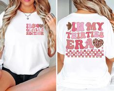 Celebrate your 30th milestone in style with this Personalized "In My Thirties Era" T-Shirt! Featuring a custom name and fun design, this shirt is perfect for 30th birthday celebrations or as a thoughtful gift for anyone born in 1994. Make your special day unforgettable with this unique, personalized tee! Ideal for birthday parties or casual wear. How to Order 1. Select Size: Choose the right size from the size chart provided in the photos. 2. Choose Color & Style: Select your preferred color. Decide between a crewneck or a hooded style for sweatshirts. 3. Pick Thread Color: Review the thread color options shown in the photos and specify your choice in the customization box. Need Customization or Help? If you need any customization or have any questions, feel free to message me. I'm here to 30th Birthday Shirts For Women, 30th Birthday Tshirt, Thirtieth Birthday, 30th Birthday Shirts, Thirty Birthday, Groovy Font, Personalized Birthday Shirts, 30th Birthday Parties, Birthday Party Shirt