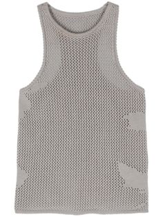 stone grey cotton crochet open knit ribbed trim semi-sheer construction round neck sleeveless cropped racerback straight hem unlined pull-on style Design Perspective, Bohemian Wedding Guest, Birger Christensen, Versace Outfit, Yoko London, Stone Grey, City Dress, Knitted Tops, Summer Beach Wear