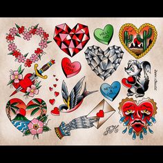 an old school tattoo design with lots of hearts and other tattoos on the back of it