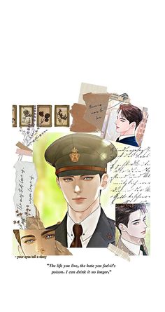 an image of a man in uniform surrounded by papers and postcards with writing on them