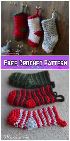 three crocheted christmas stockings hanging from hooks on the floor with text overlay that says free crochet pattern