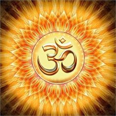 the om shan symbol is shown in an orange, yellow and red background with sun rays