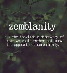 the words zemblanity are written in white on a black background with green leaves