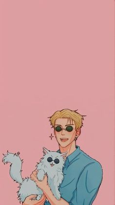 a drawing of a man holding a white cat with sunglasses on it's face