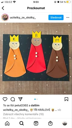 three paper dolls with crowns on their heads