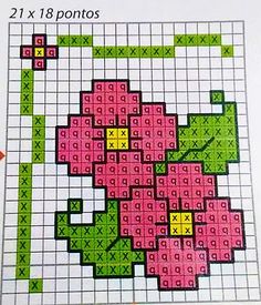 a cross stitch pattern with pink flowers and green stems on the bottom, next to a ruler