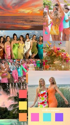 a collage of photos with people in different outfits and colors, including the beach