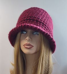 "Maroon Burgundy Derby Hat Womens Crochet Round Shaped Style Winter Hat ~ Ready to Ship ~ Very Versatile style ~ wear in rolled up or down.  Personally Handstitched by me with a thick chunky style soft yarn. \"Napa Valley   100% Acrylic yarn. Measures 8\" inches from center top down to brim rolled up. Measures 10\" inches from center top to very bottom edge of the brim Fits Most head sizes 22\" to 23 Measure around your forehead area to determine your size.  Machine wash delicate/air dry" Knit Winter Hat, Derby Hat, Style Winter, Crochet Round, Derby Hats, Top Down, Napa Valley, Winter Knits, Soft Yarn