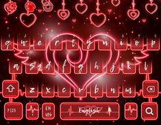 an illuminated keyboard with hearts and arrows in the shape of a heart on a dark background