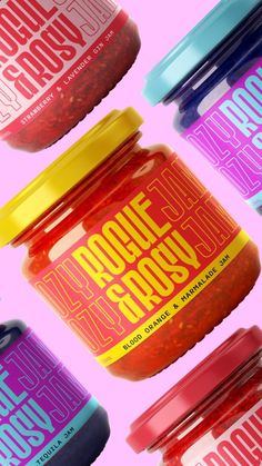 several jars of food are shown with the words doodle factory on them in different colors