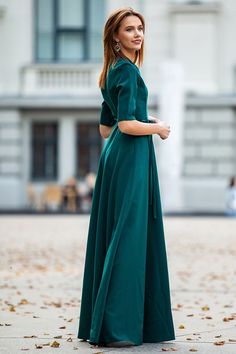 "Dark Green Maxi Dress, New Year Maxi Dress, Cocktail Party Dress Classic dark green maxi dress with circle skirts ➤ Features > dress lenght: 150 cm / 59,05\" > mid sleeves > v neckline > circle skirts > waistband ➤ Sizing My Size Guide in FAQ section below will help you define the perfect size match. The item can also be made according to your measurements - just message them to me. ➤ Delivery Your item is made-to-order and will be ready within 2-7 days. Average delivery times: & Bohemian A-line Maxi Dress For Evening, Elegant Green Embroidered Maxi Dress, Green Chiffon Maxi Evening Dress, Green Full-length Maxi Dress For Evening, Elegant Dark Green Maxi Dress For Spring, Elegant Green Full Length Maxi Dress, Green Maxi Dress For Evening, Elegant Green Floor-length Maxi Dress, Spring Dark Green A-line Dress