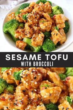 sesame tofu with broccoli in a white bowl