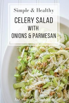 celery salad with onions and parmesan on a white plate