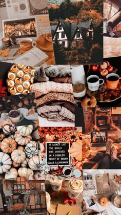 a collage of photos with pumpkins and other things