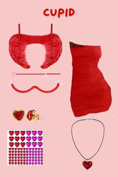 a red dress and accessories are arranged on a pink background with the words cupid above it