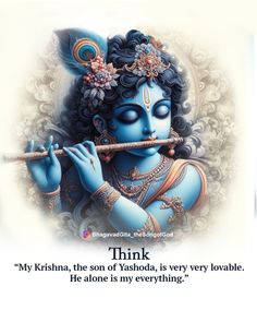 the hindu god is playing flute with his eyes closed and there are words written on it