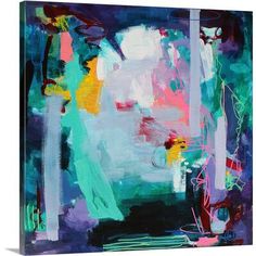 an abstract painting with blue, green and pink colors